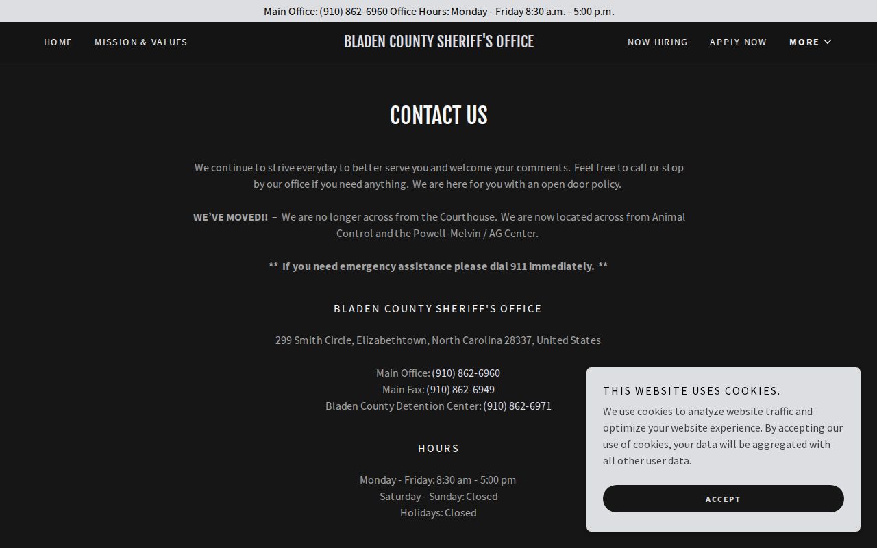 Bladen County Sheriff’s Office contact page for booking records
