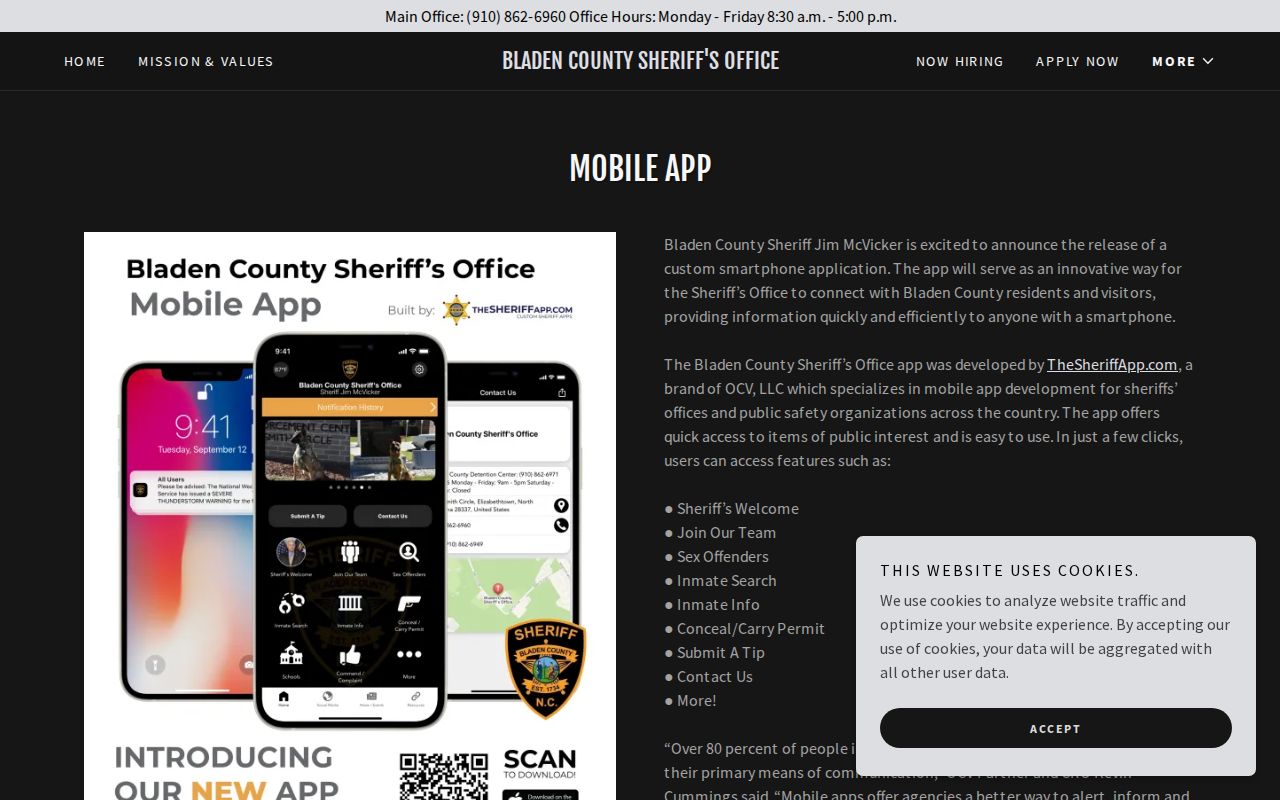 Bladen County Sheriff mobile app page with inmate search information