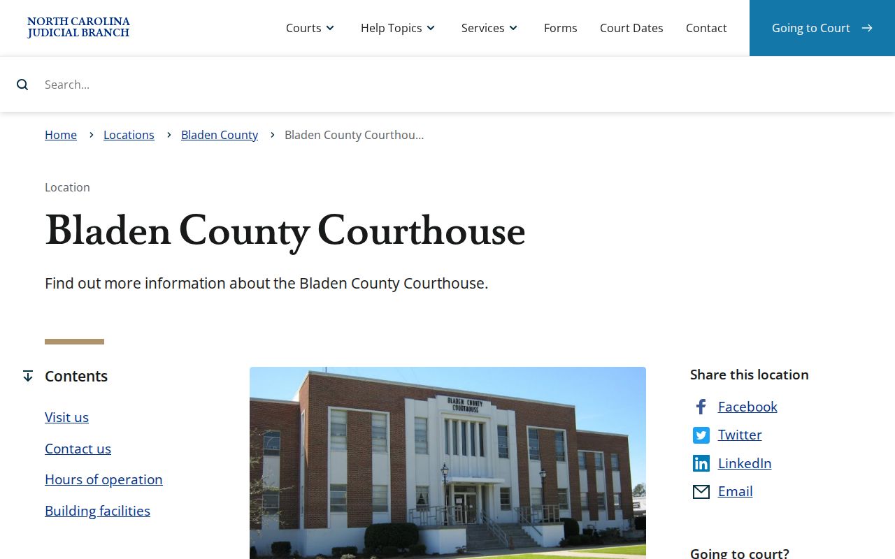 Official Bladen County Courthouse page for warrant and court record routing