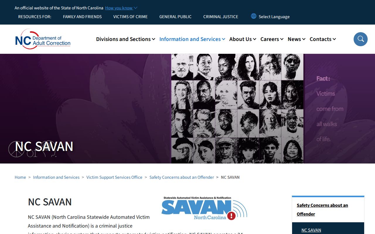 North Carolina SAVAN custody notification service page