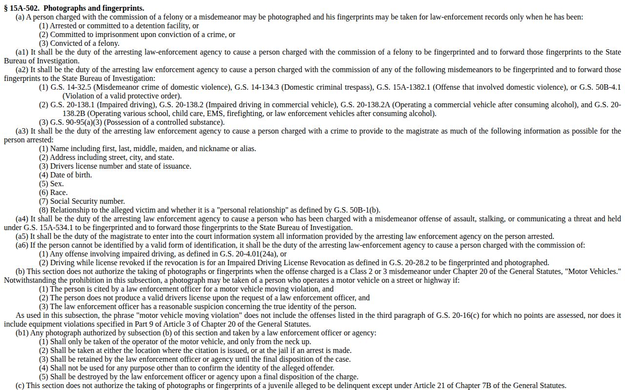 North Carolina General Statutes section 15A-502 on arrest photographs